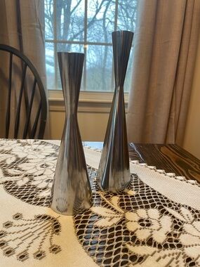 Nambe Polished Silver Metal Alloy Tarnish Free Taper Candle Holders - Pair